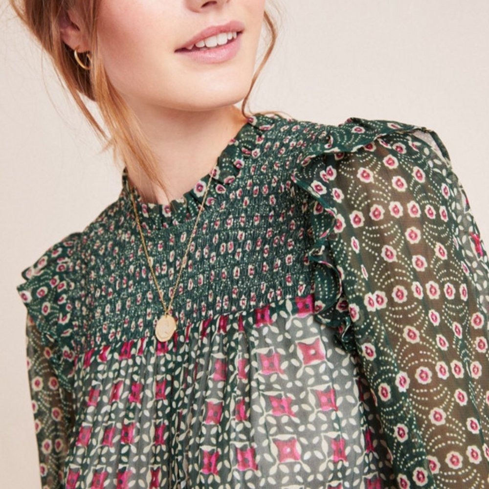 Anthropologie Green Floral Long-Sleeve Smocked Midi Dress - Picture 4 of 10
